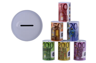 PARTIJ METALEN SPAARPOT 8X15CM MET EUROBILJET PRINT 